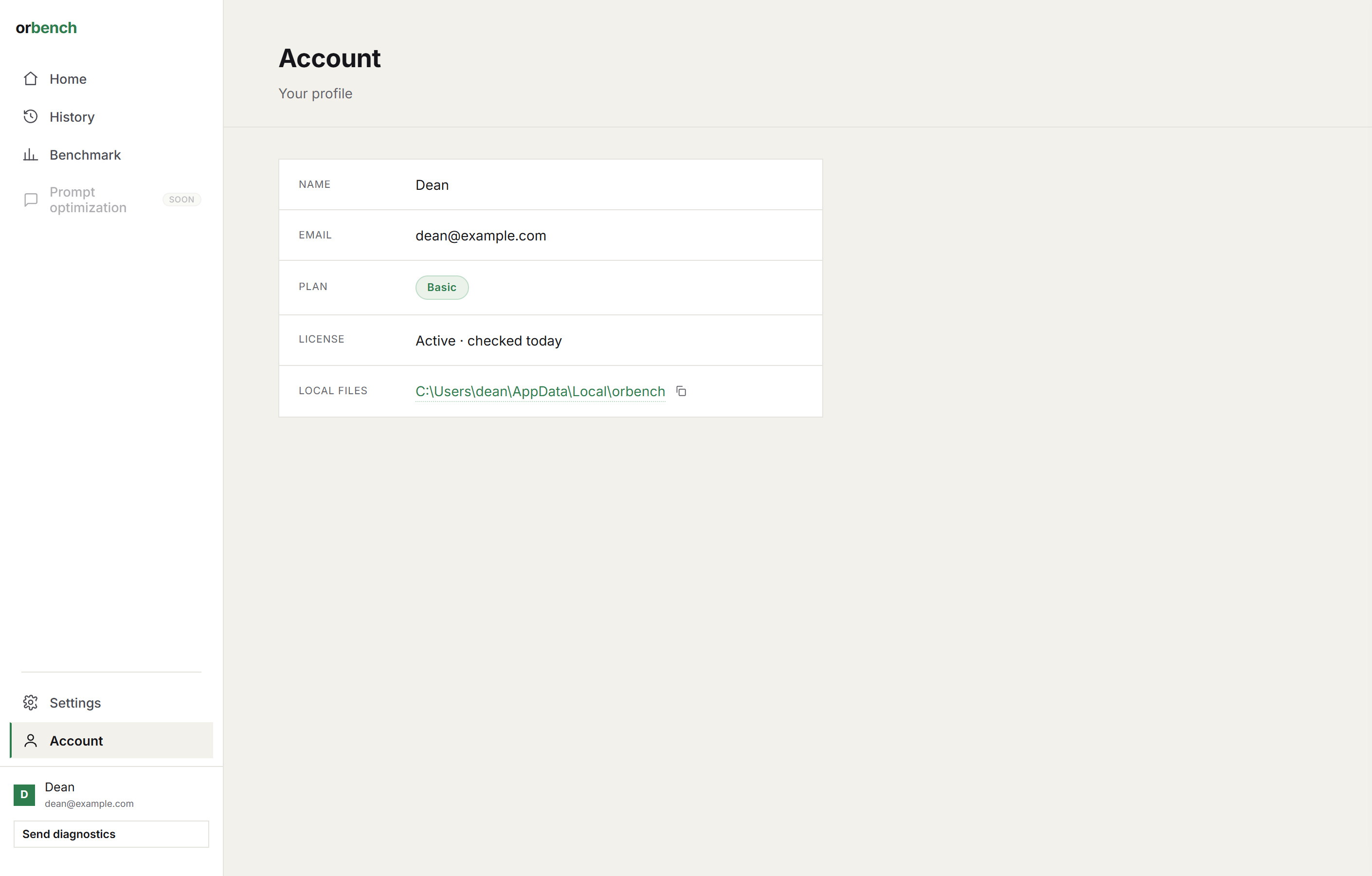 Account page: name, email, plan, license status and the Local files path with a copy button