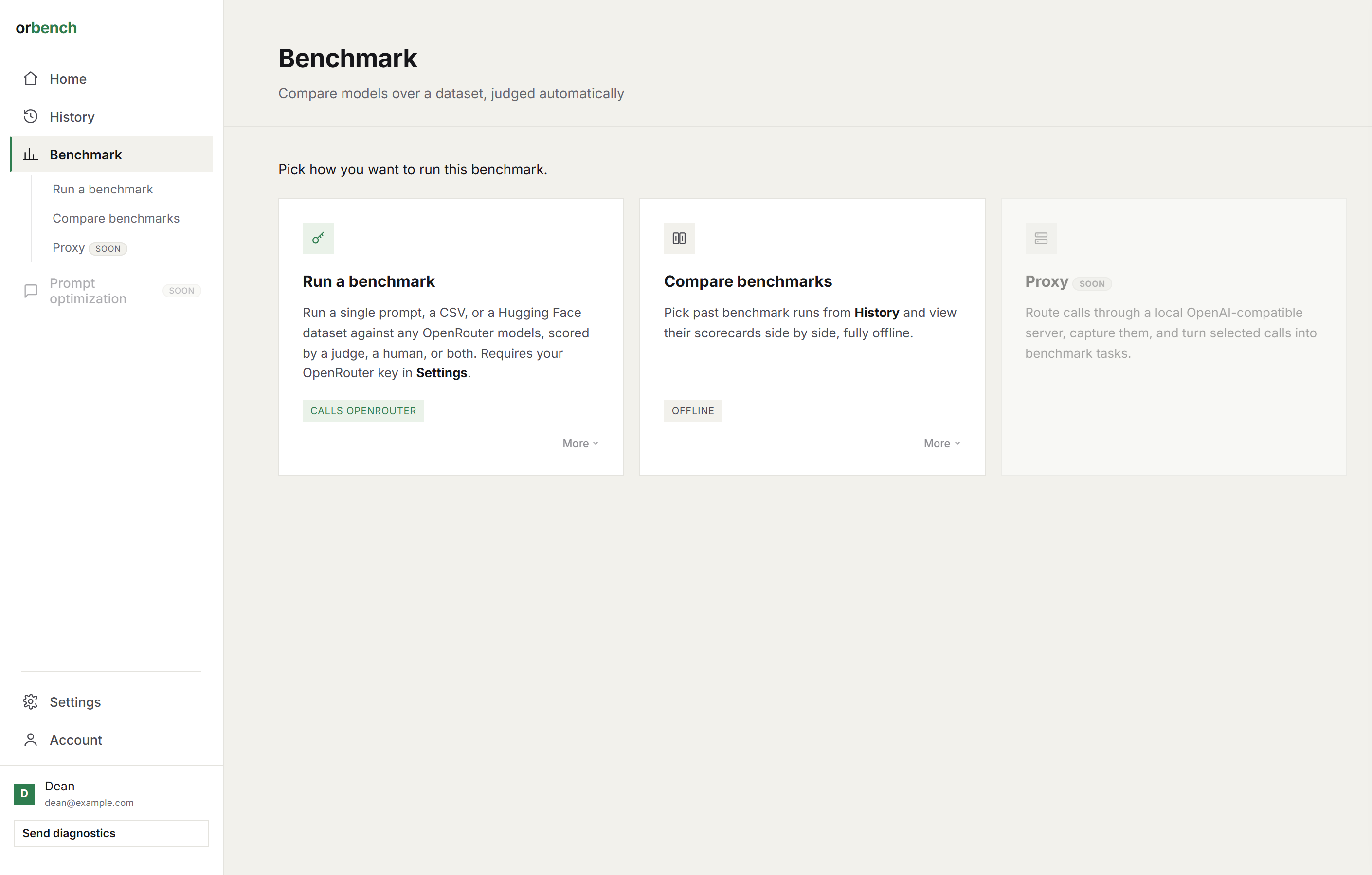 Benchmark page: Run a benchmark and Compare benchmarks