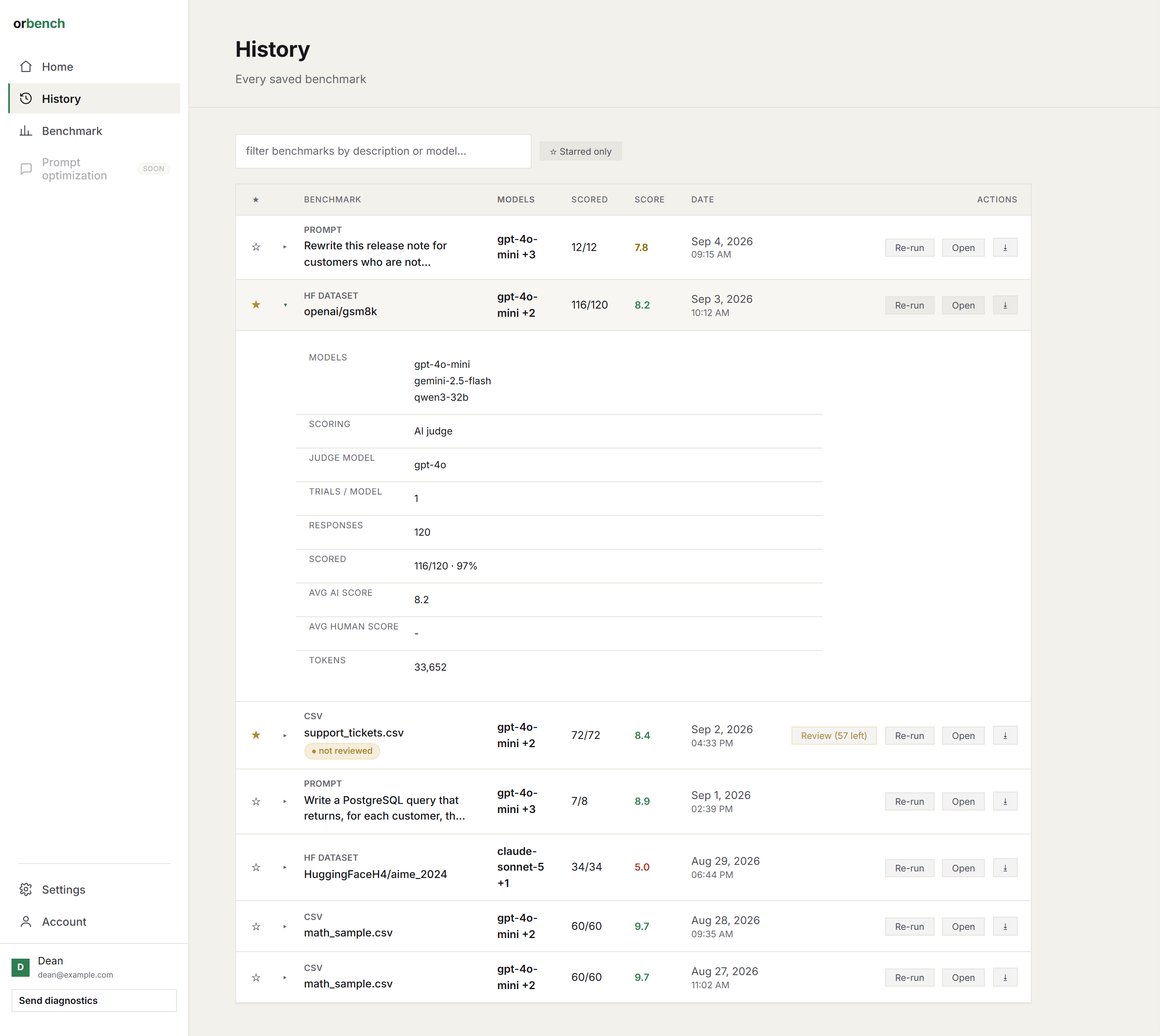 History: saved benchmarks with source tag, models, scored count, score and actions; one row expanded