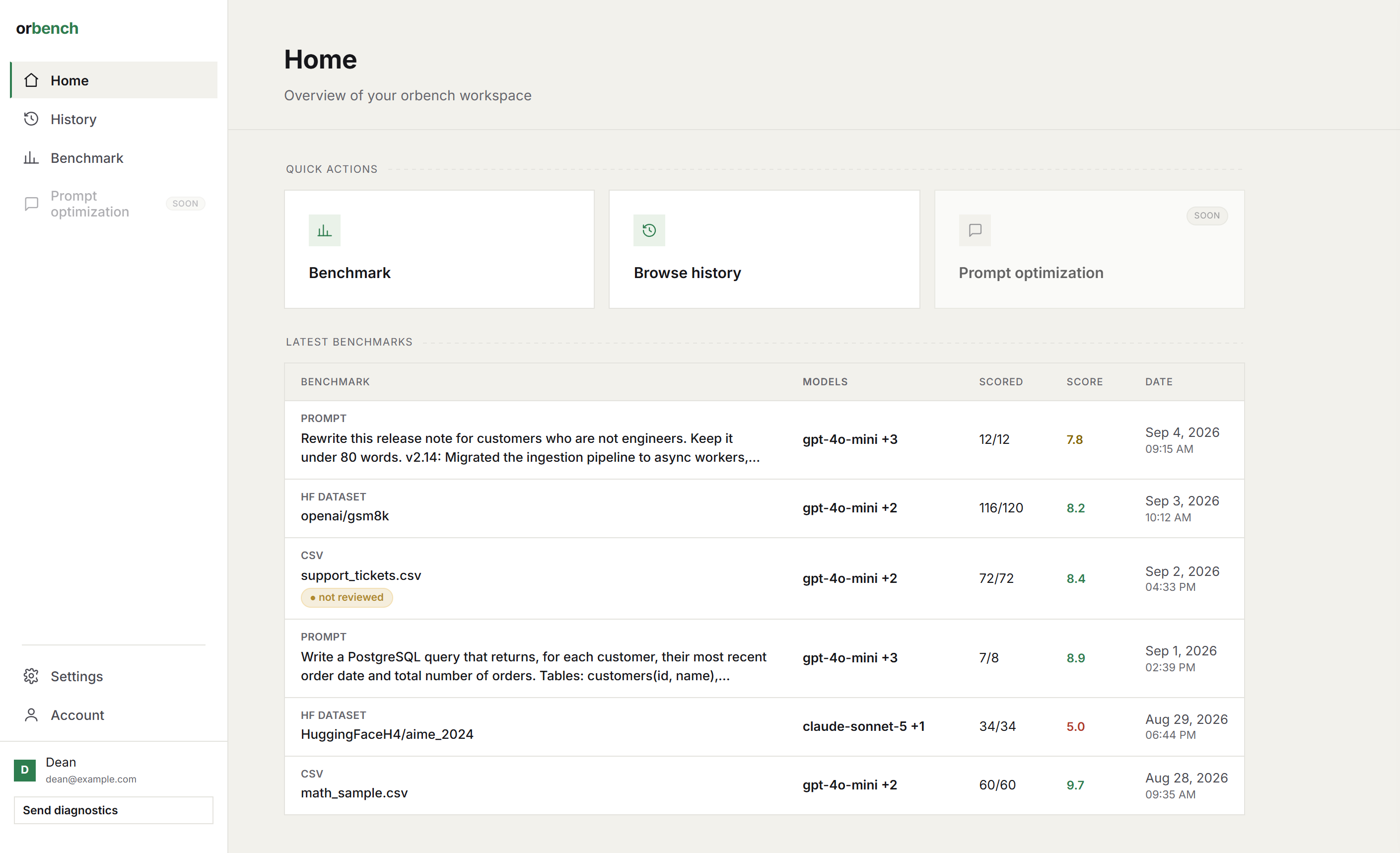 orbench home screen: quick actions and the latest benchmarks table
