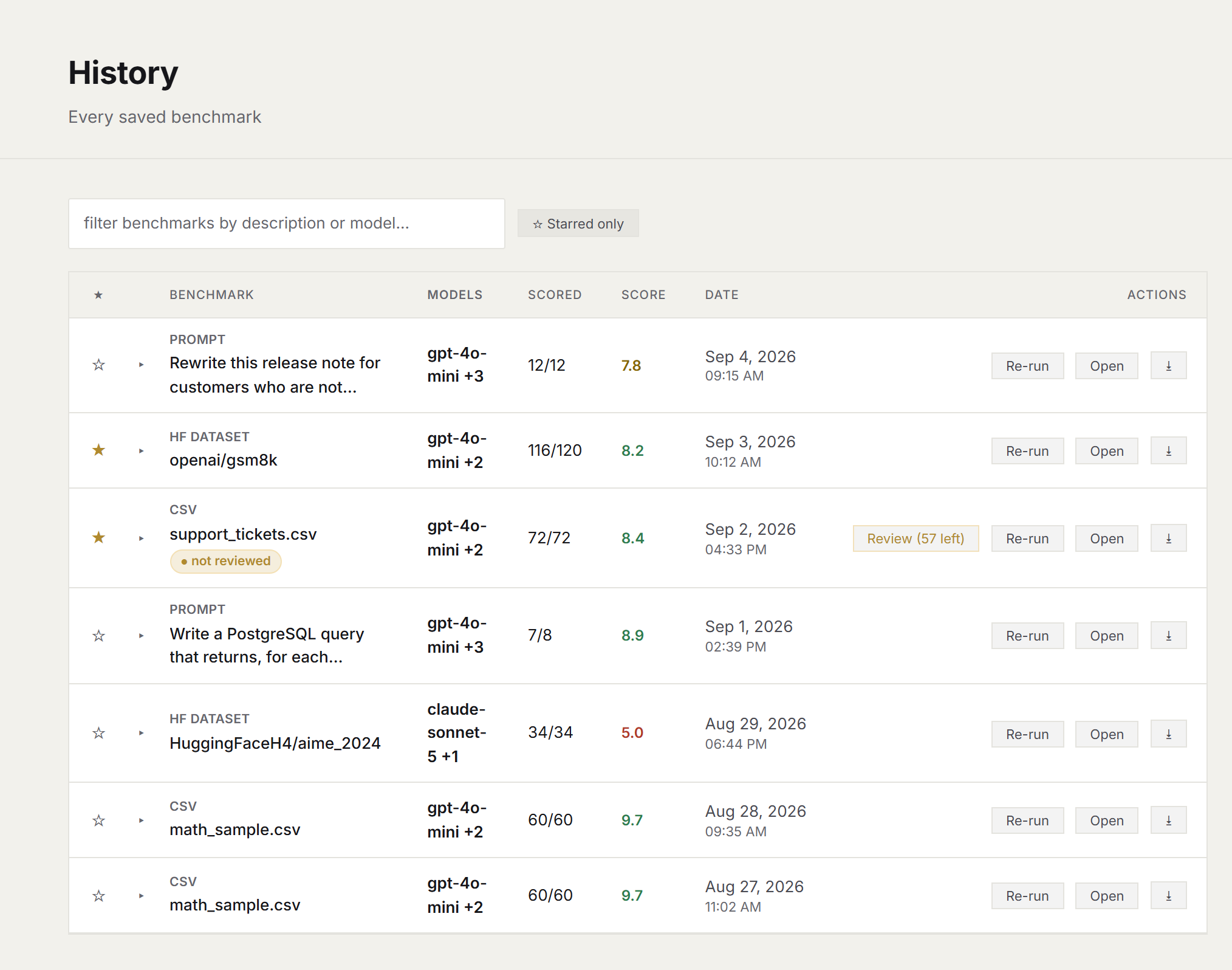 History screen showing saved benchmark runs with answered count and cost columns