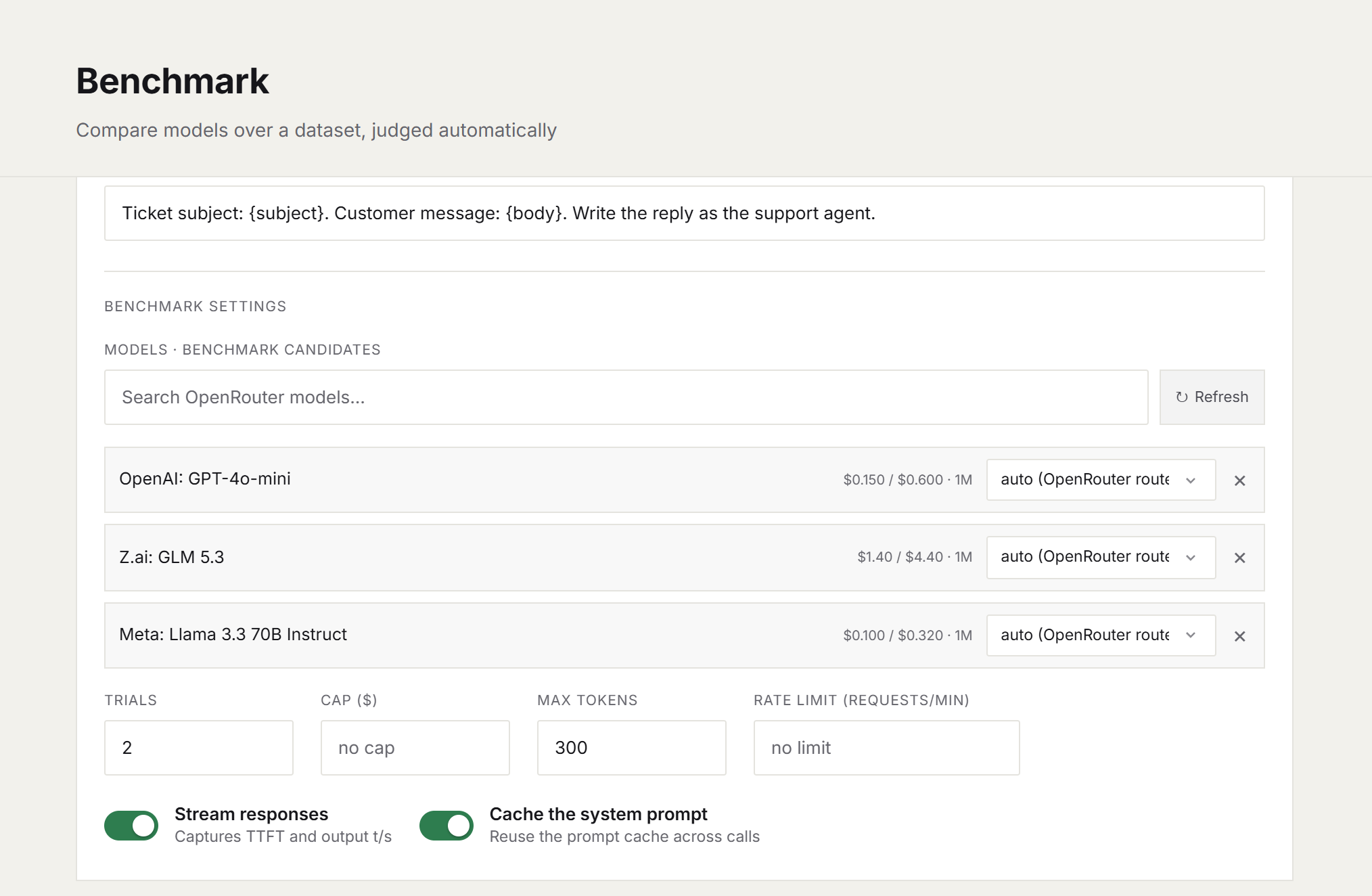Benchmark setup screen showing task source, candidate models, and trial settings