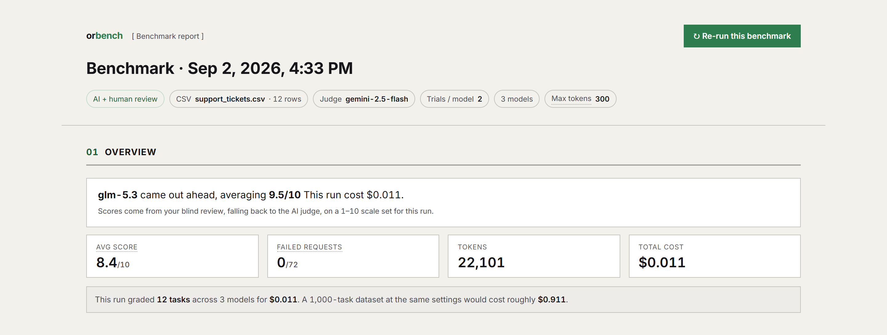 Report header and overview: run settings as chips, verdict sentence, average score, failed requests, tokens and cost