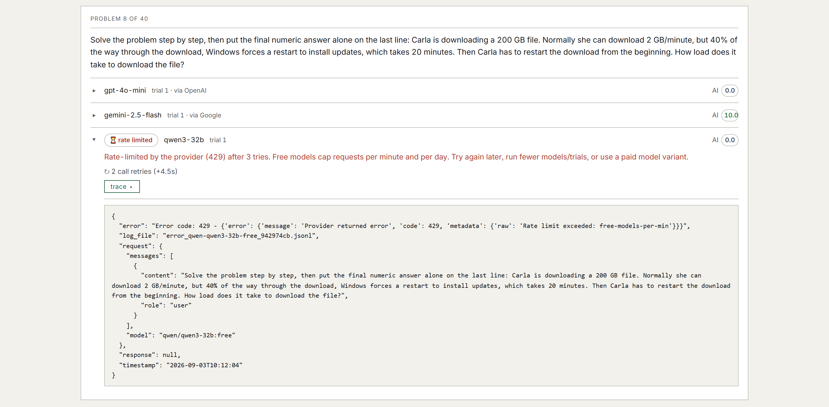 A rate-limited response expanded: the provider error, the retry count, and the raw request/response log entry