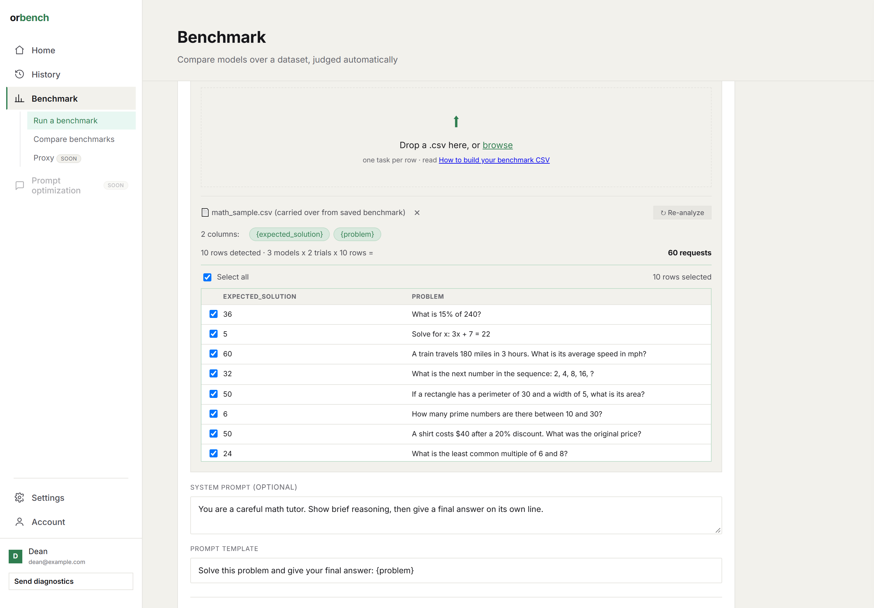 CSV source: file analyzed, column chips, rows 1 to 5 selected out of 10