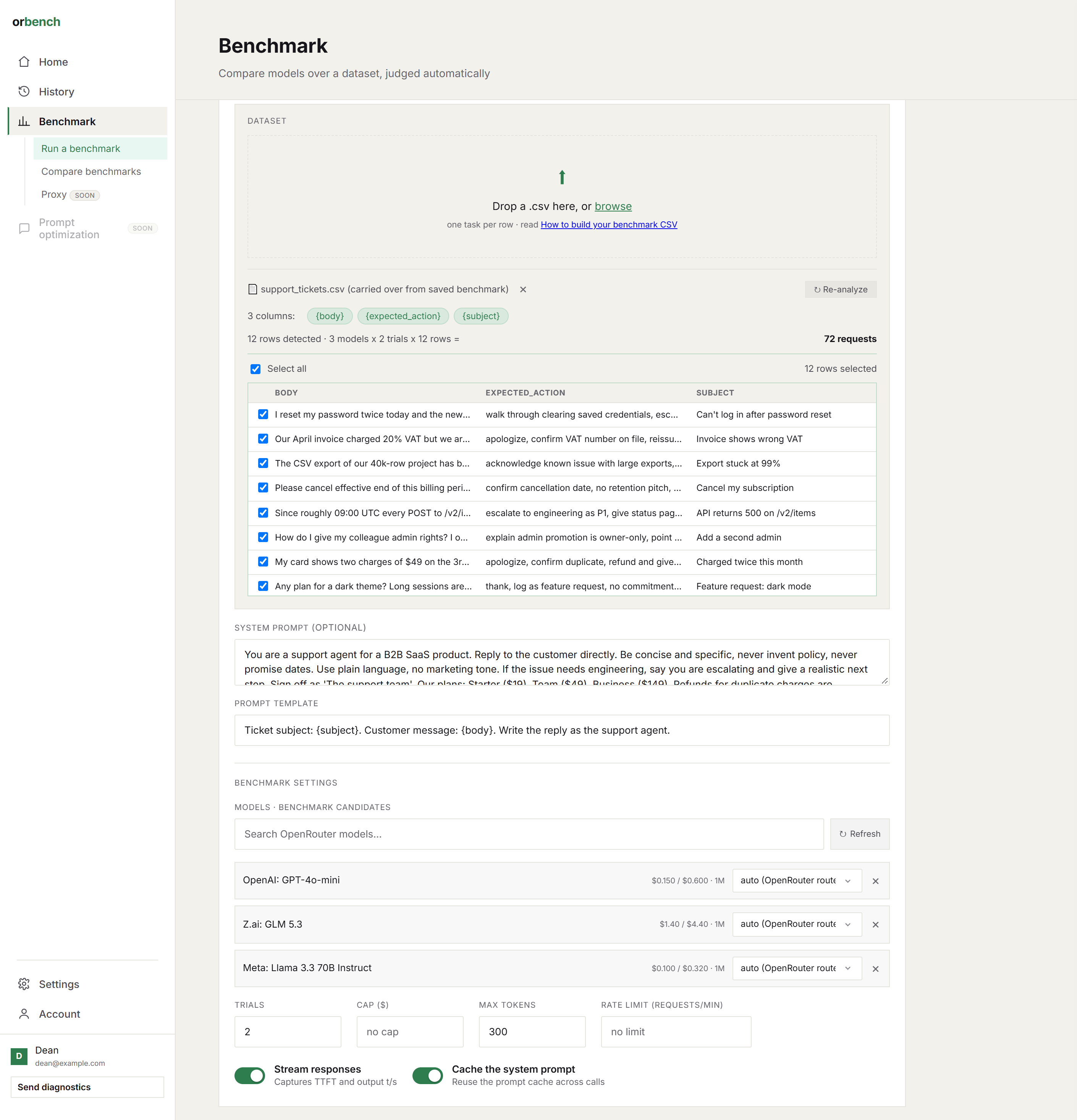 Run a benchmark form: CSV dataset, system prompt, prompt template, three candidate models, trials, cap, max tokens, rate limit and the two toggles