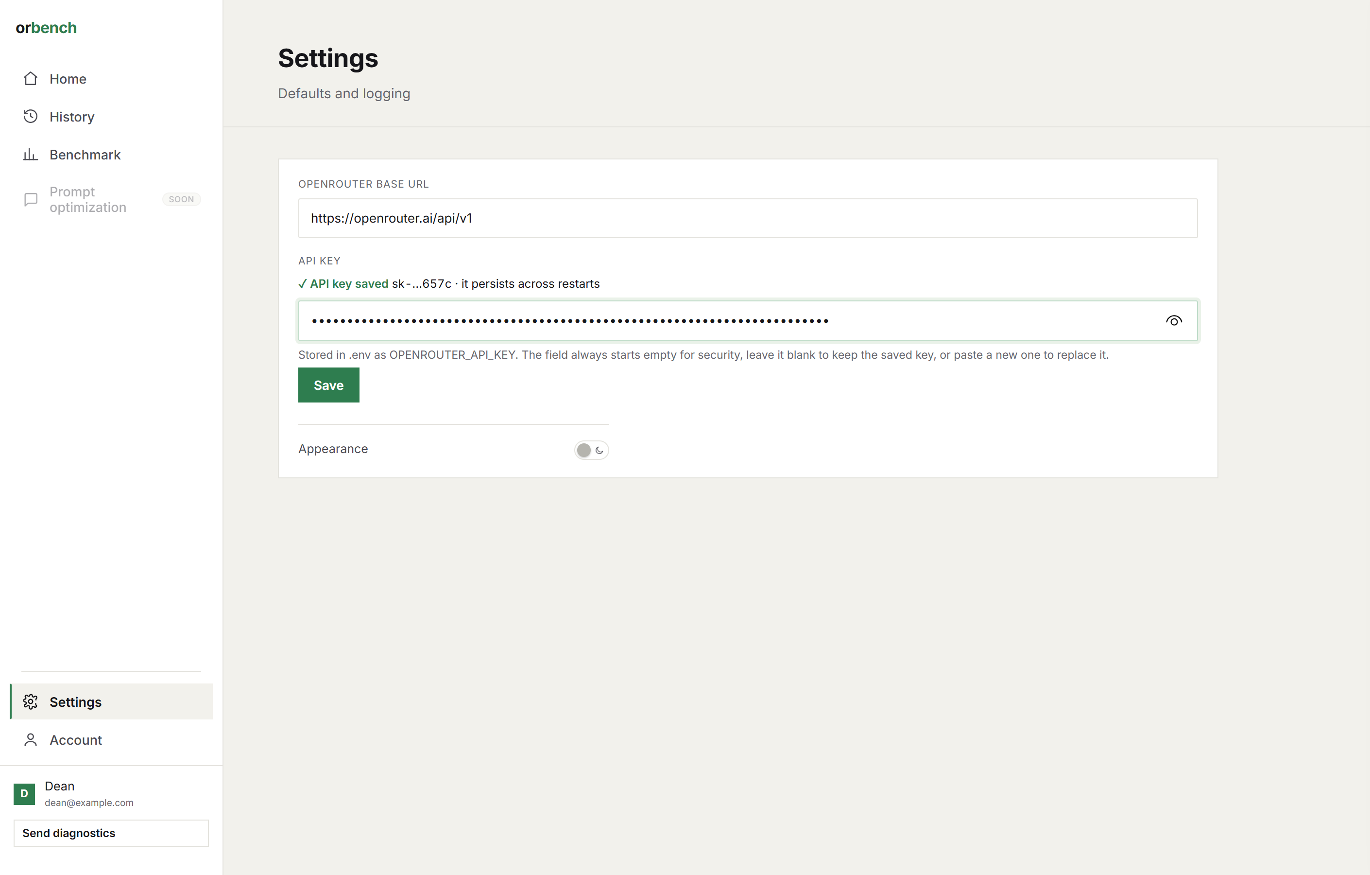 Settings: OpenRouter base URL and API key fields
